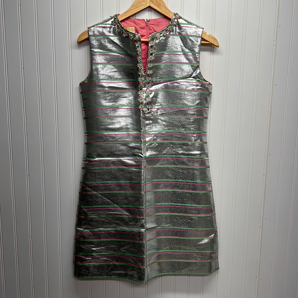 Vintage Johnnye 1960 Mod/GoGo Shift Dress Metallic Silver Rhinestone Accent Sz S